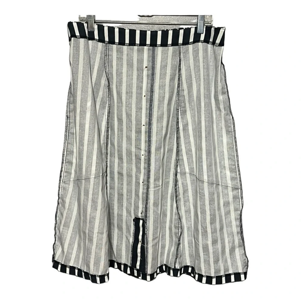 MetroWear Navy White Striped Linen Rayon Button Front Belted Midi Skirt XL